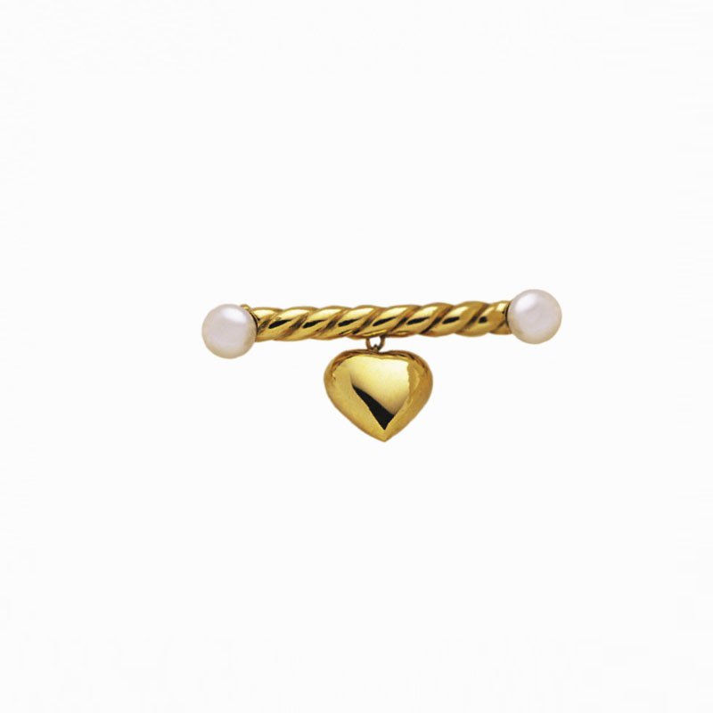 Silver White Pearl with Heart Pendant Brooch, 18k yellow gold