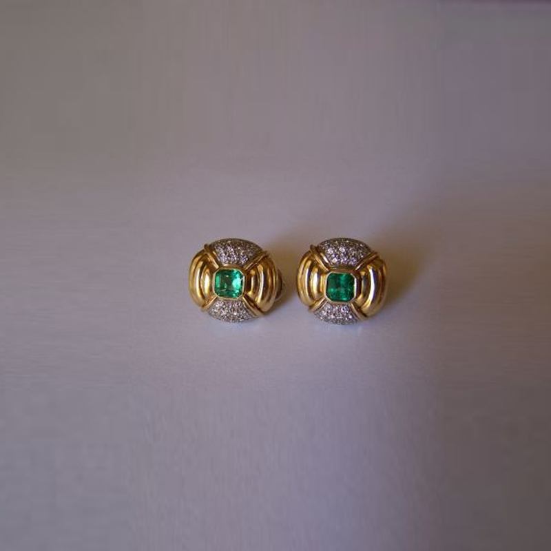 Emerald Cut Columbian Emerald Earrings with Diamonds, 18k yellow gold