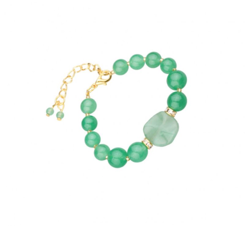 Natural Green Jadeite and Aventurine Bracelet with Diamonds, 18k yellow gold