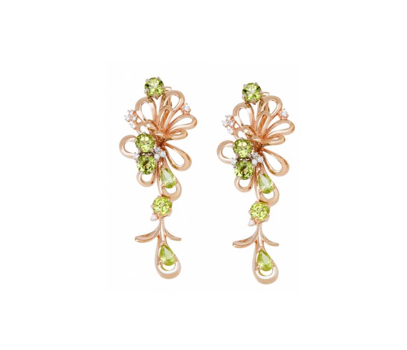 Brilliant-Cut Green Zircon and Diamond Earrings, 14k yellow gold