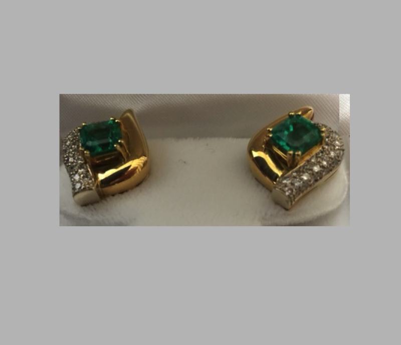 Emerald-cut Emerald Earrings with Diamonds, 18k yellow gold