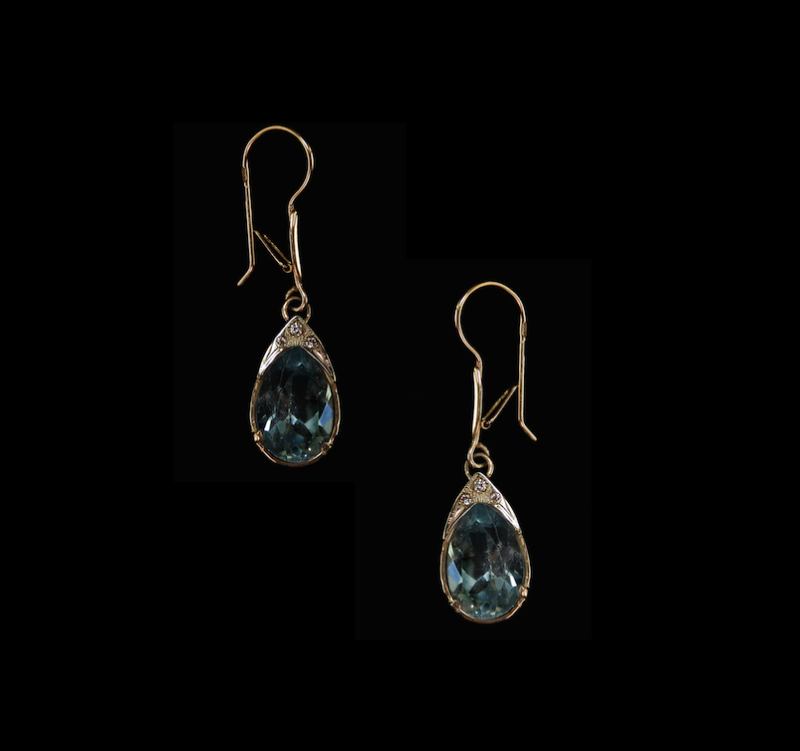 Pear-cut Blue Topaz and Diamond Earrings, 14k yellow gold