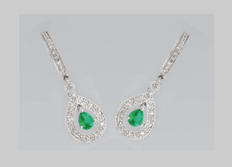 Pear-cut Emerald and Diamond Earrings, 14k white gold