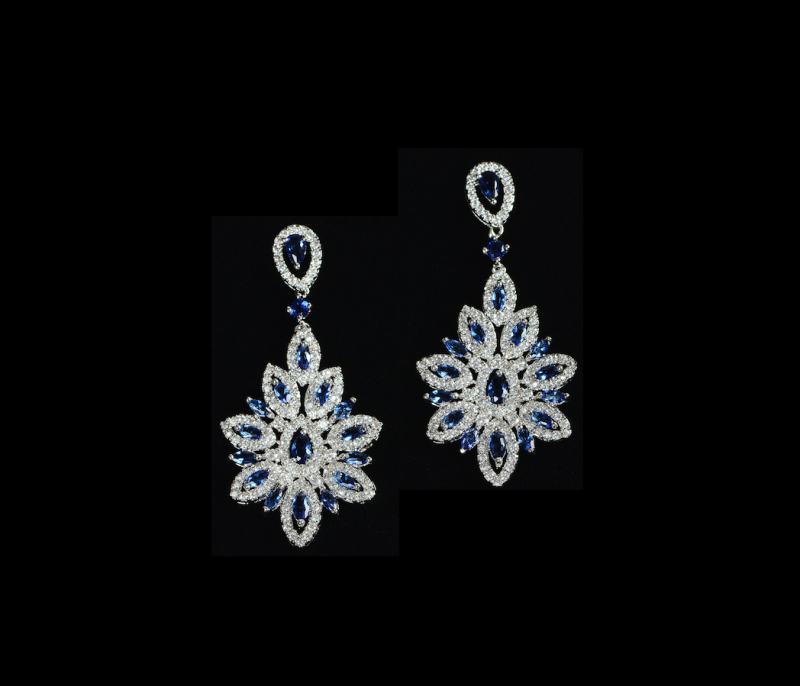 Pear, Round and Marquise-cut Blue Sapphire and Diamond Earrings, 14k white gold