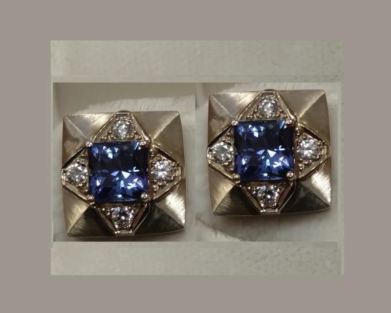 Princess-cut Blue Sapphire and Diamond Earrings, 18k white gold