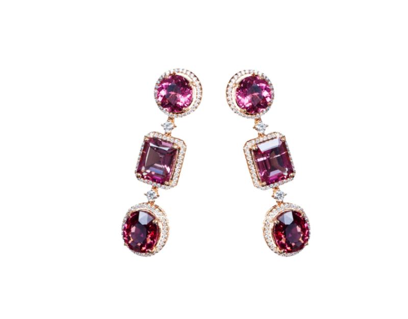 Round and Emerald-cut Red Sapphire and Diamond Earrings, 18k yellow gold