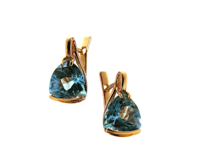 Trillion-cut Dark Blue Topaz Earrings, 18k yellow gold