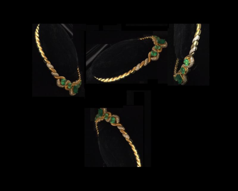 Classic five stone emerald and diamond necklace, 18k yellow gold