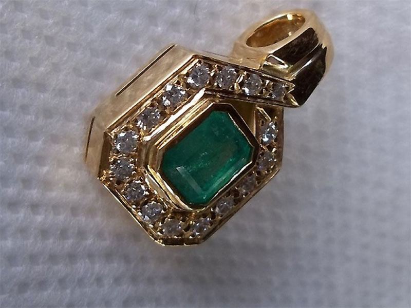 Emerald Cut Columbian Emerald and Diamond Pendant, 18 k yellow gold