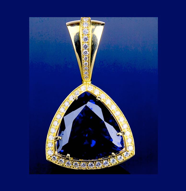 Trillion-cut Blue Sapphire and Diamond Pendant, 18k yellow gold