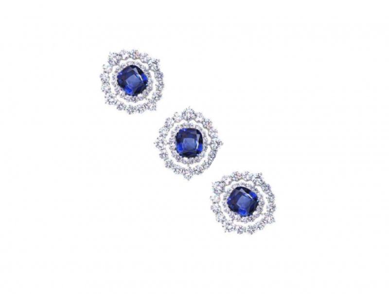 Cushion-cut Blue Sapphire and Diamond Brooch, 18k white gold