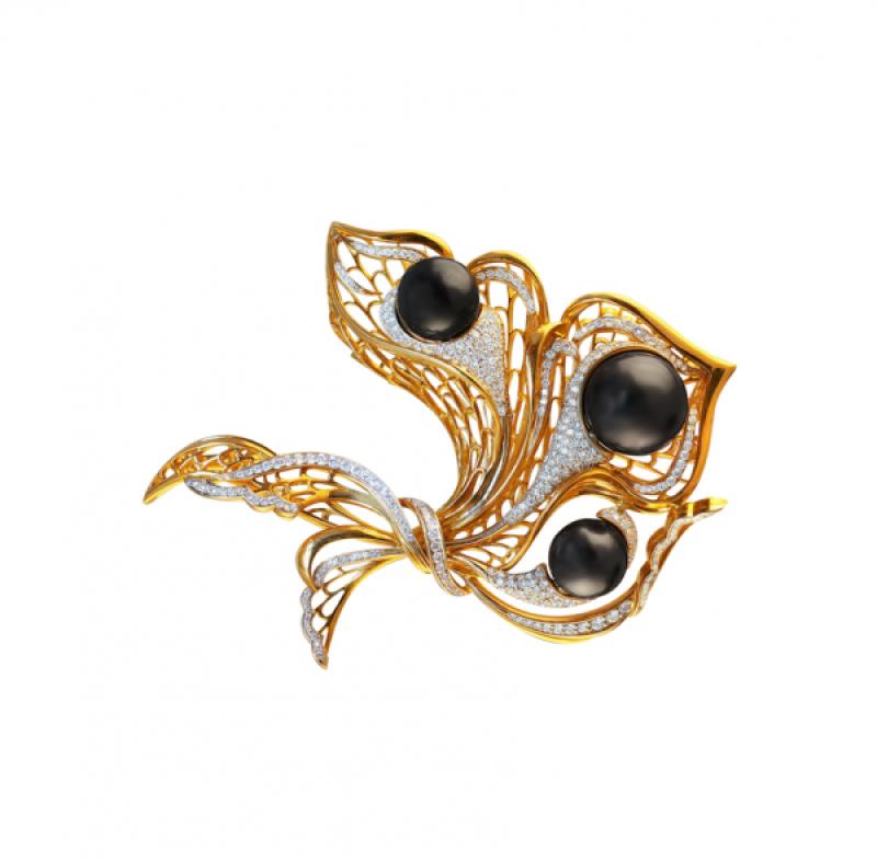 Silver Pearl and White Diamond Brooch, 18k yellow gold