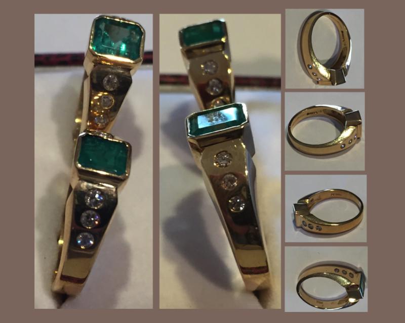 A set of two Emerald-cut Columbian Emerald and Diamond Rings, 18k yellow gold