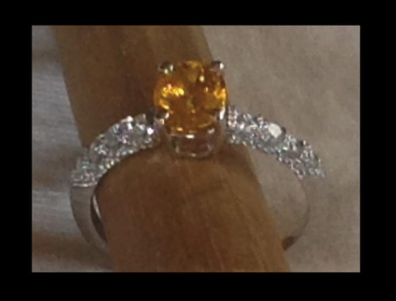 Oval Mixed-cut Golden Yellow Sapphire and Diamond Ring, 18k white gold