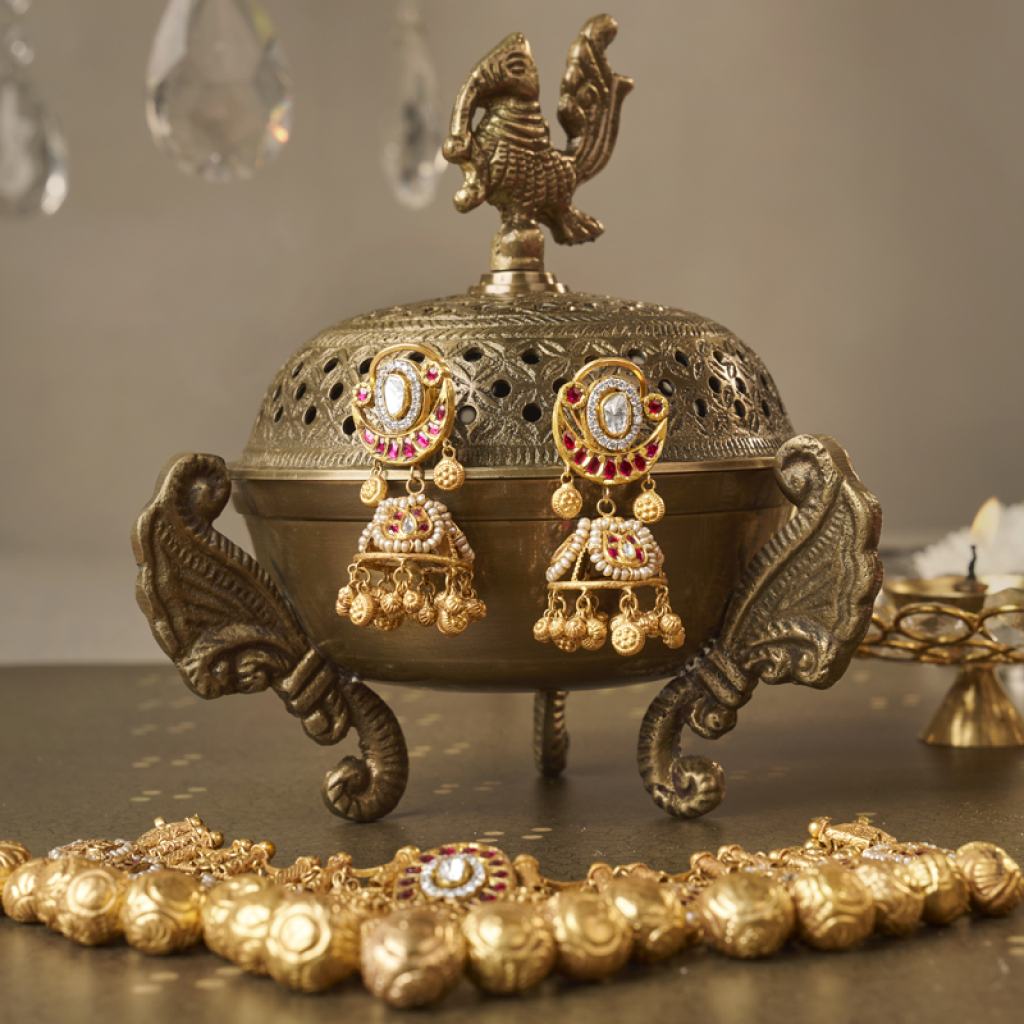 Elegant Traditional Gold Earrings with Ruby and Kundan Work