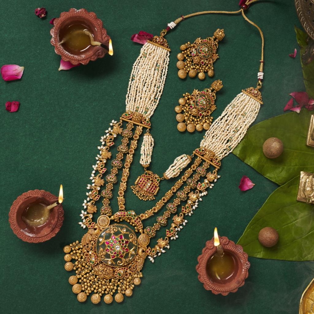 Traditional Temple Jewelry Long Haram Set With Pearls And Kundan Work