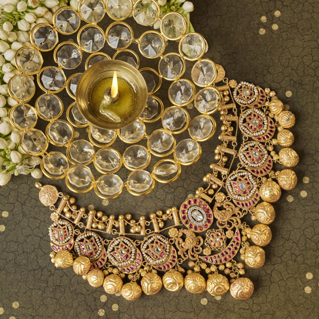 Traditional Temple Long Haram Necklace Set With Kundan And Pearls