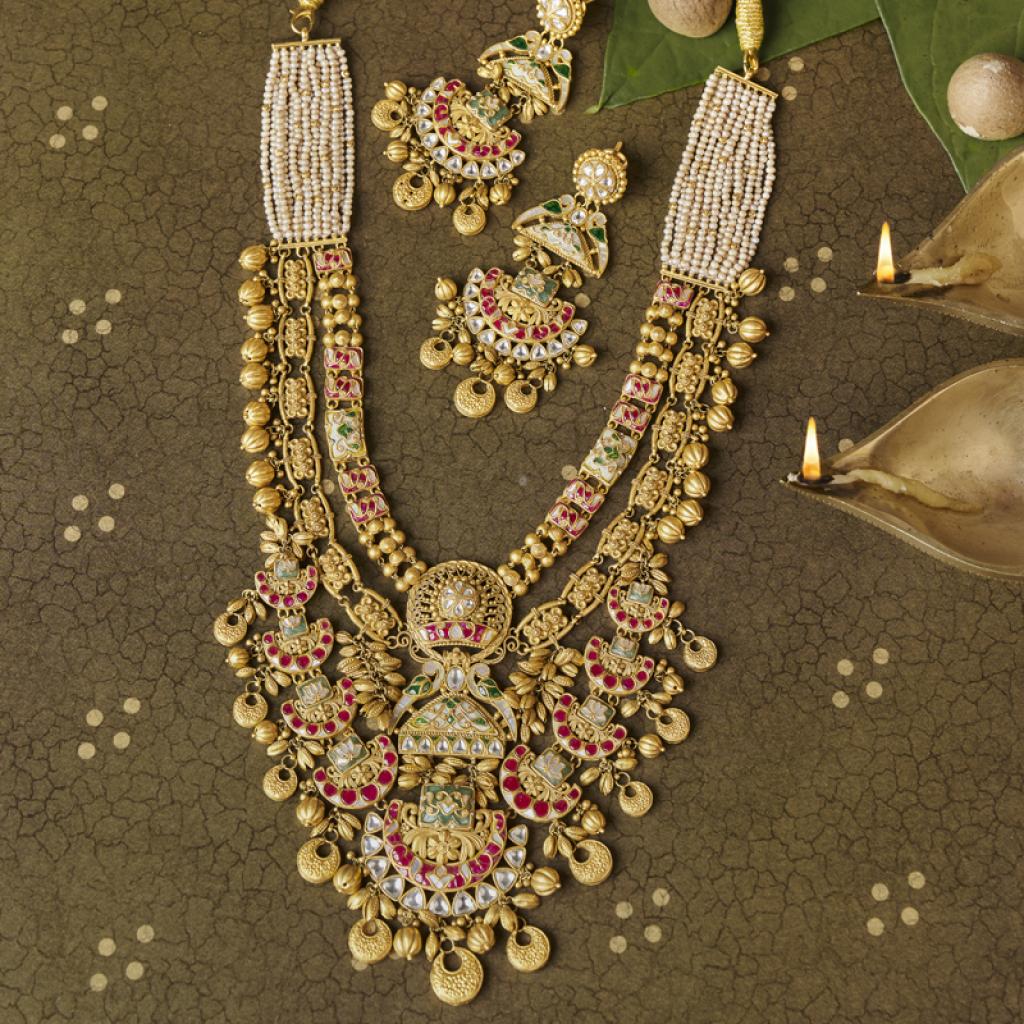 Bridal Necklace Traditional Temple Jewelry Haram Set With Kundan