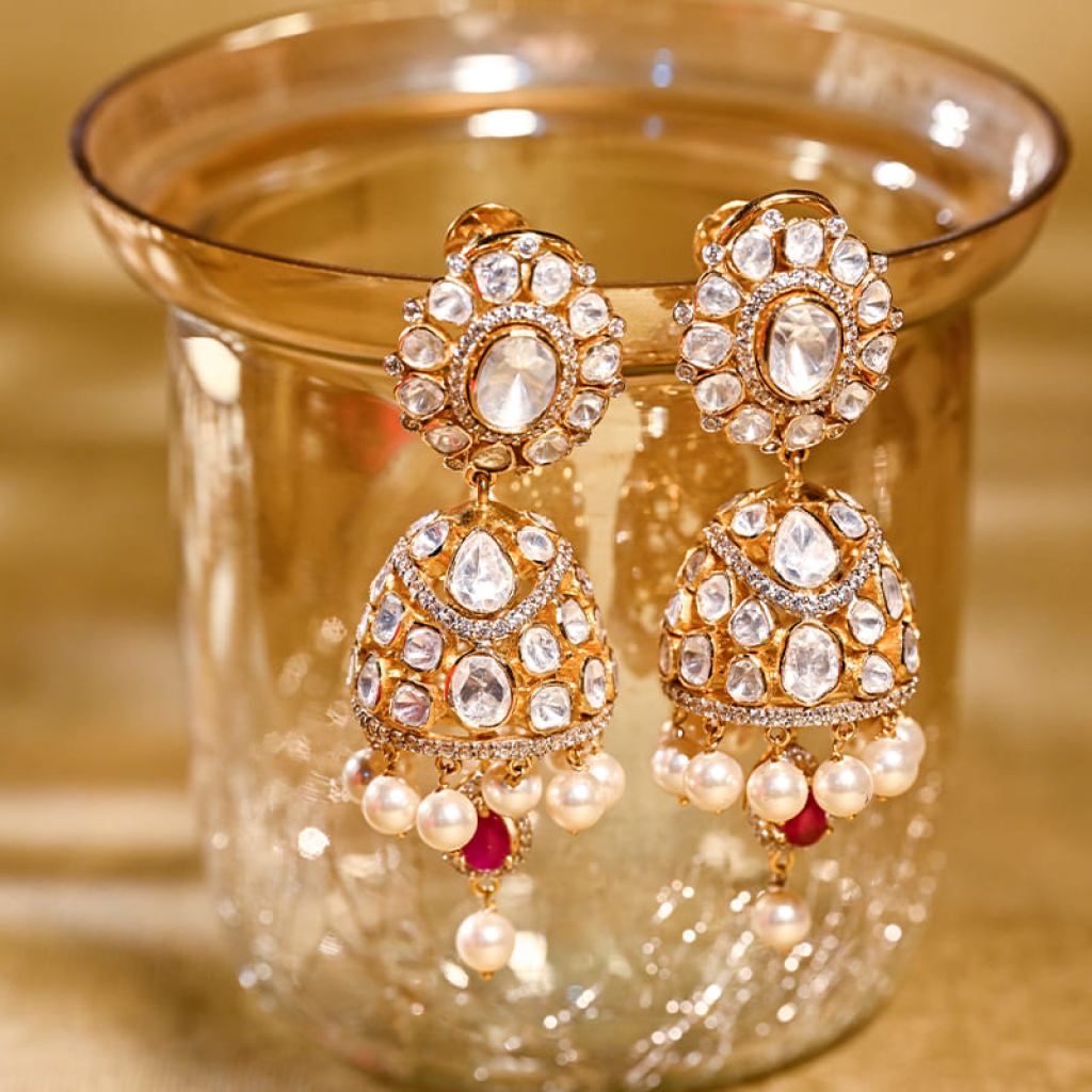 Traditional Gold Earrings with Diamonds Jhumkas & Polki Sets
