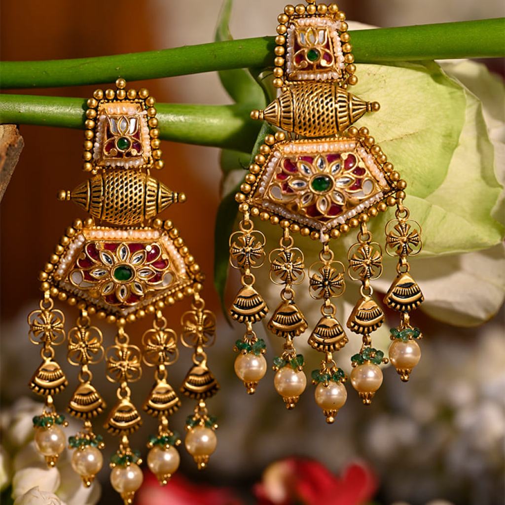 Handcrafted Gold Earrings with Antique Temple Finish