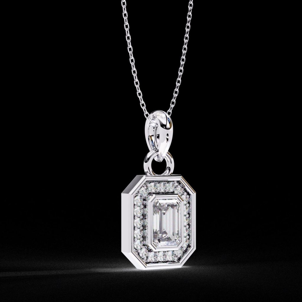Emerald Cut Halo Diamond Pendant