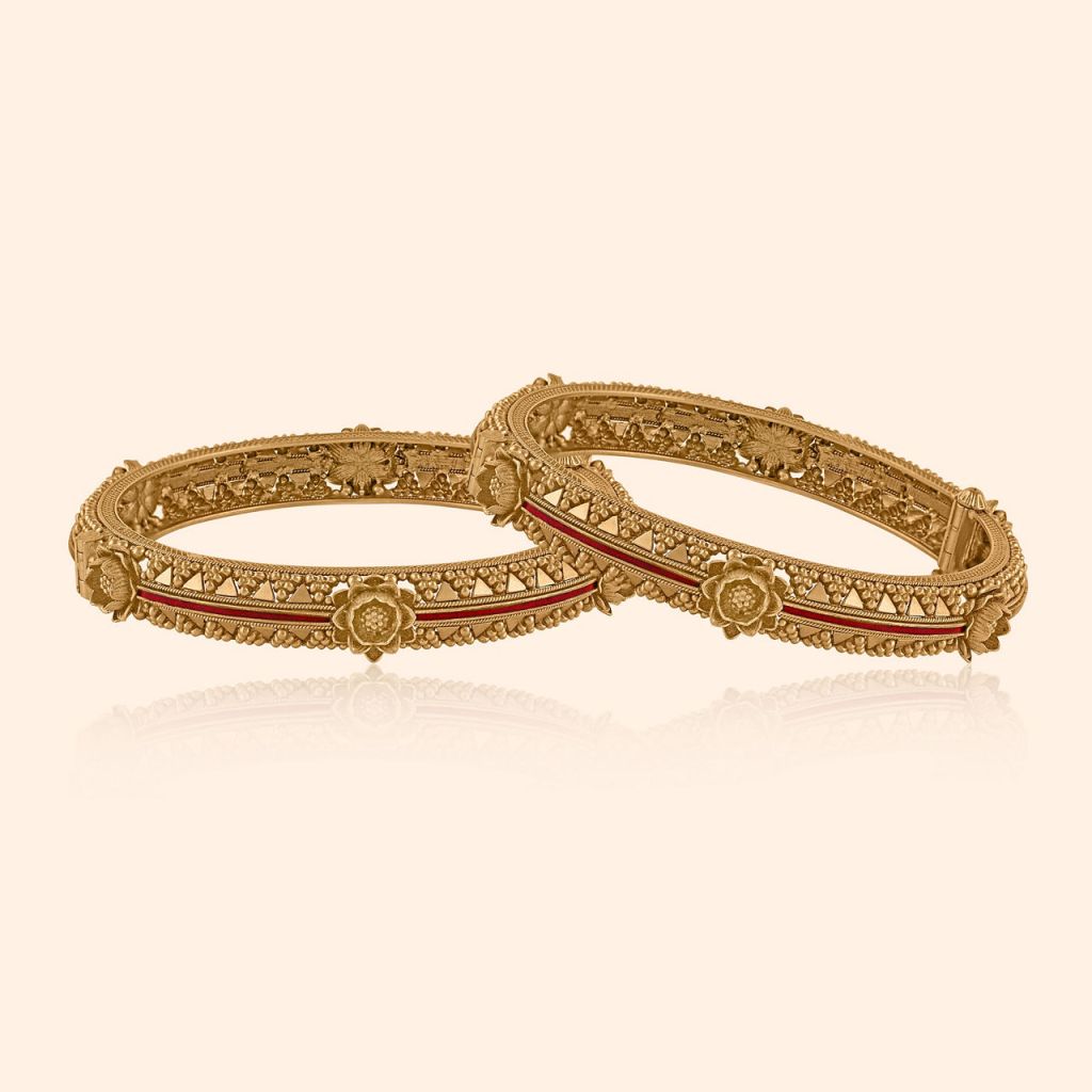 Classic Handcrafted Floral Edged Gold Bangles