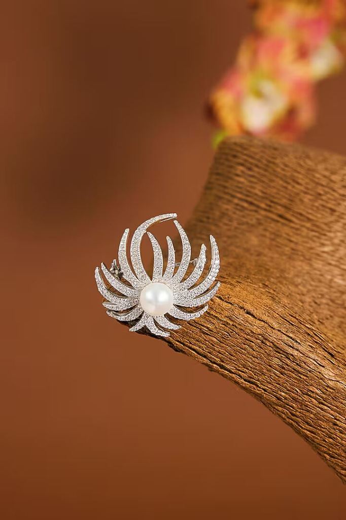 White Gold Finish Zircon & Shell Pearl Brooch