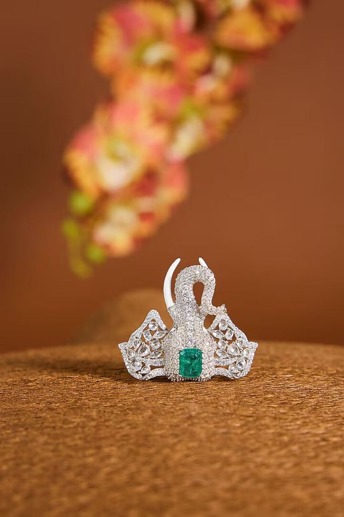 White Gold Finish Zircon & Emerald Stone Brooch Cum Pendant In Sterling Silver