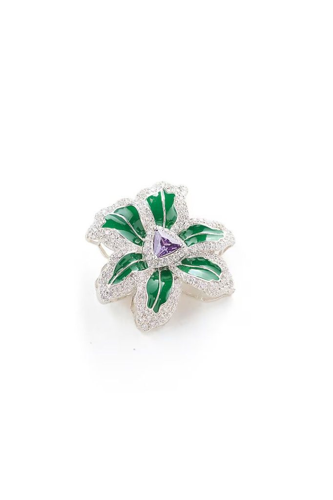 White Rhodium Finish Amethyst Gemstone Green Enameled Brooch In Sterling Silver