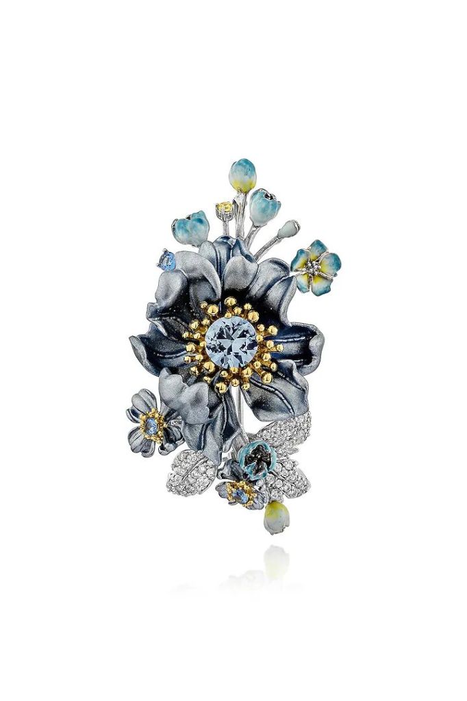 White Rhodium Finish Blue Cubic Zirconia Floral Brooch In Sterling Silver