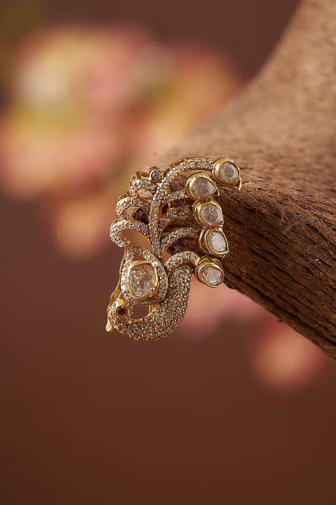 Gold Finish Moissanite Polki & CZ Brooch In Sterling Silver