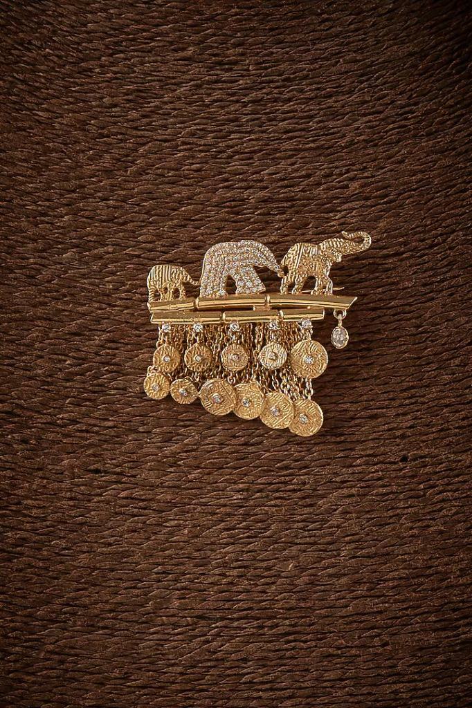 Gold Finish Kundan Polki Elephant Brooch In Sterling Silver