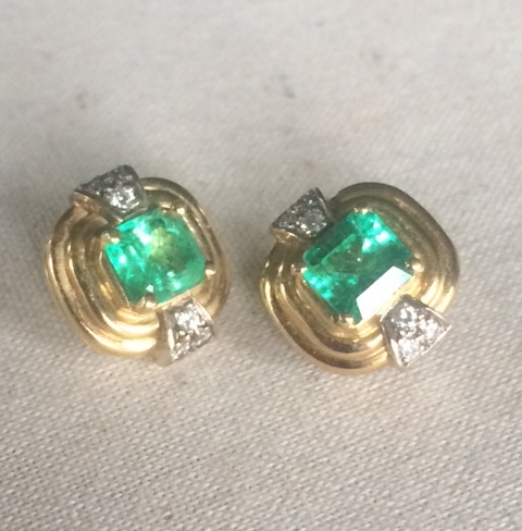 Emerald-cut Columbian Emerald Earrings with Diamonds, 18k yellow gold