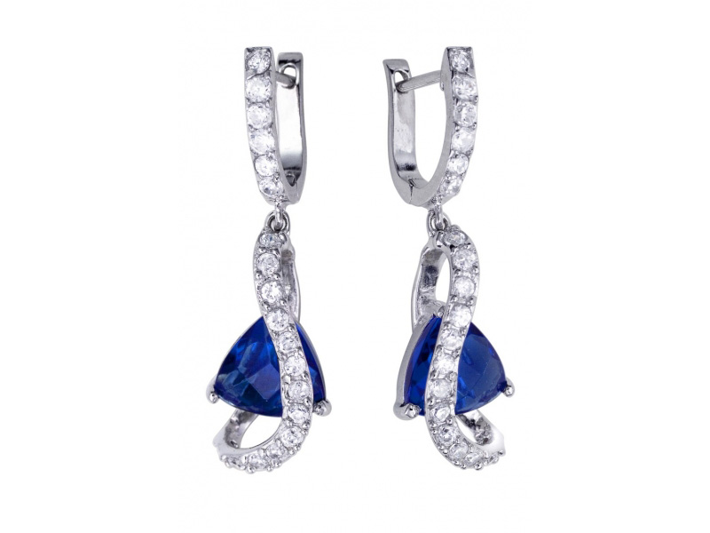 Trillion Cut Blue Sapphire and Diamond Earrings, 14k white gold