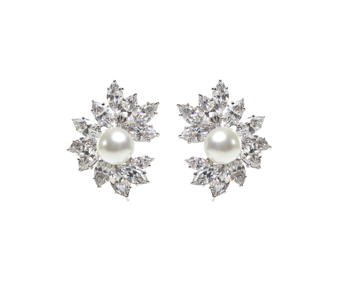 Marquise-cut White Diamond and Silver Pearl Earrings, 18k white gold