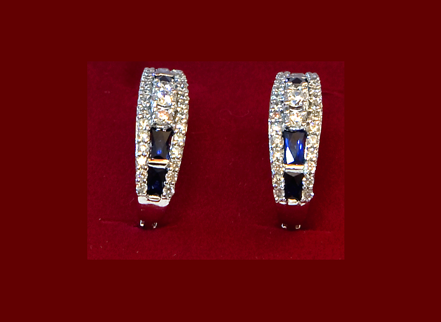 Baguette Cut Sapphire and Diamond Earrings, 18k white gold