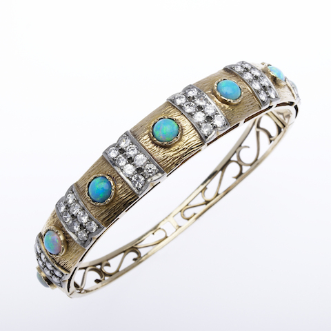 Round Cabochon-cut Black Opal Doublet Bracelet, with white diamonds, 14k yellow gold