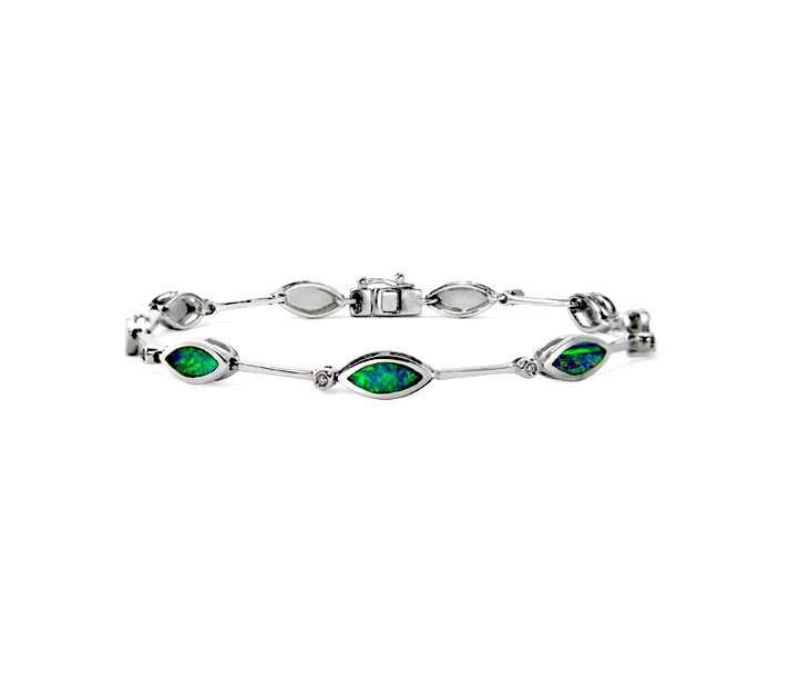 Marquise-cut Bracelet with Bluish Green Fire Opal, 18k white gold