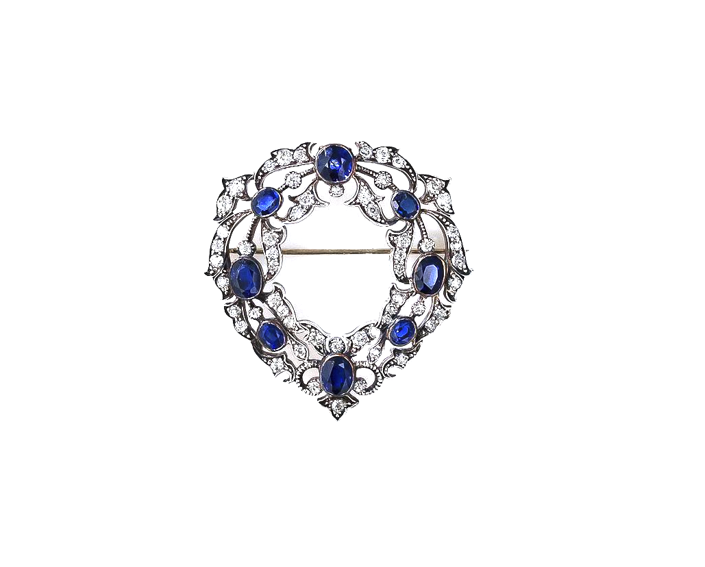 Antique Victorian Styled Sapphire and Diamond Brooch, 18k white gold