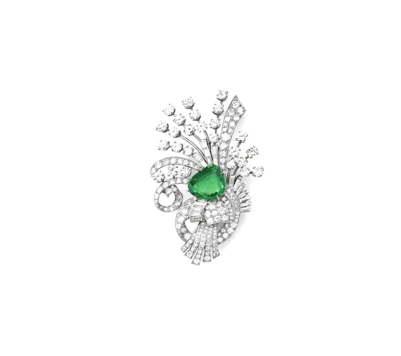 Trillion-cut Green Emerald and Diamond Brooch, 18k white gold