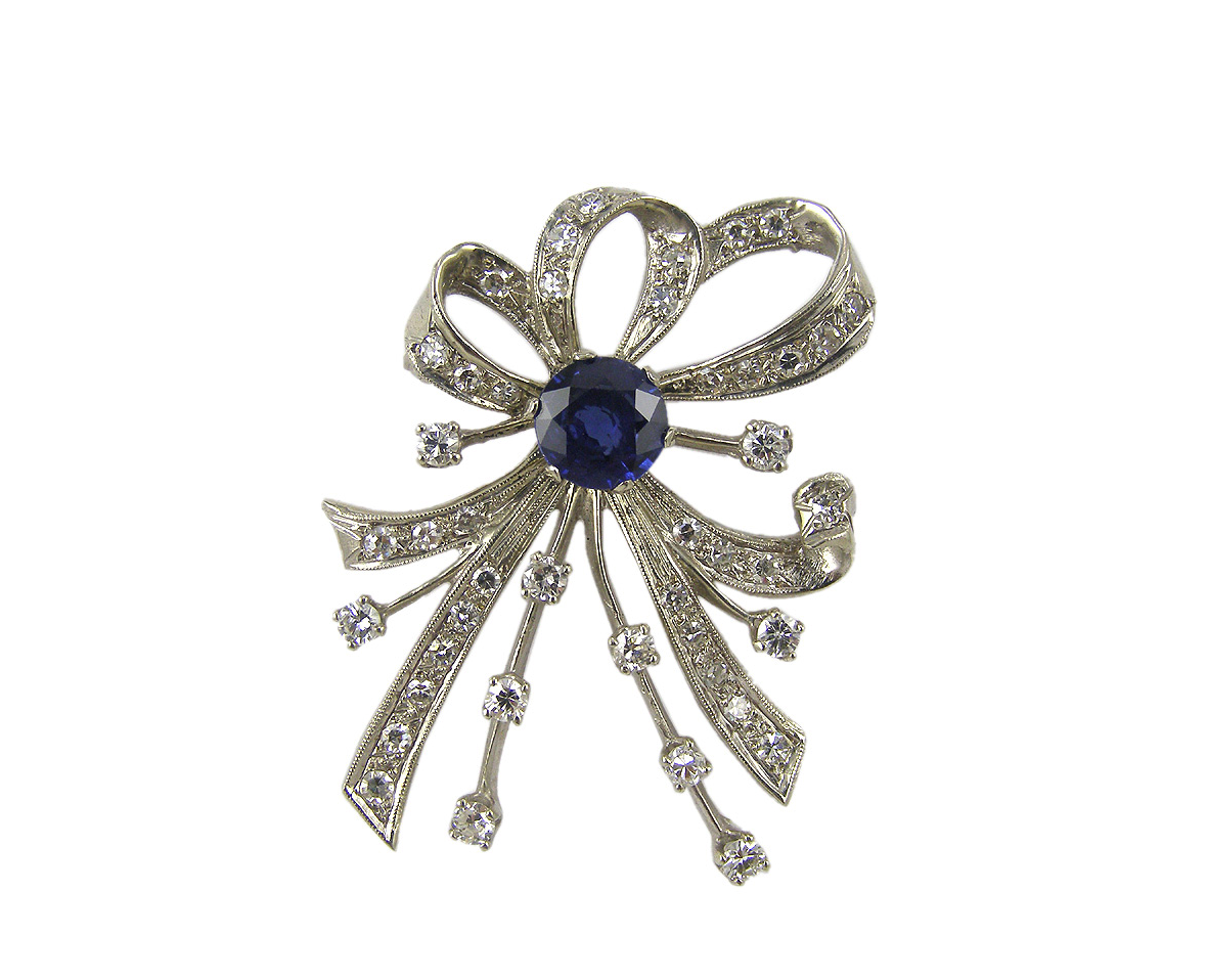 Brilliant-cut Blue Sapphire and Diamond Brooch, 18k white gold