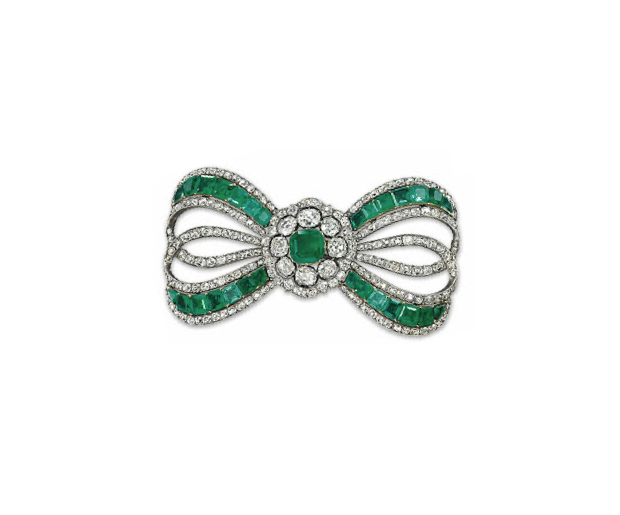 Cushion-cut Green Emerald and Diamond Bow Brooch, 18k white gold