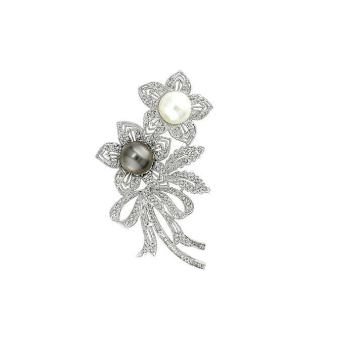 Freshwater Pearl and Diamond Brooch, 18k white gold