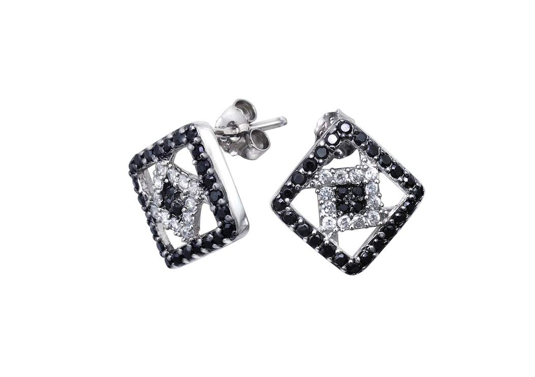 Brilliant-Cut Black and White Diamond Earrings, 18k white gold