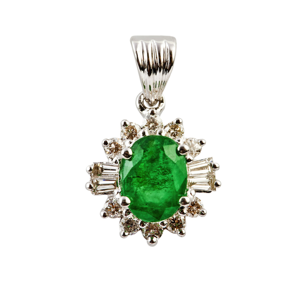 Oval-cut Emerald and Diamond Pendant, 14k white gold