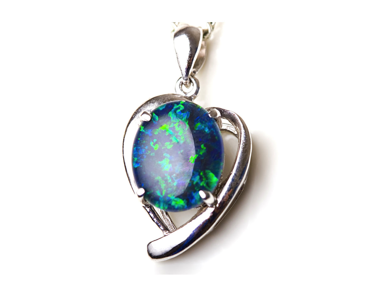 Antique Heart Shaped Oval-cut Opal Pendant, 18k white gold