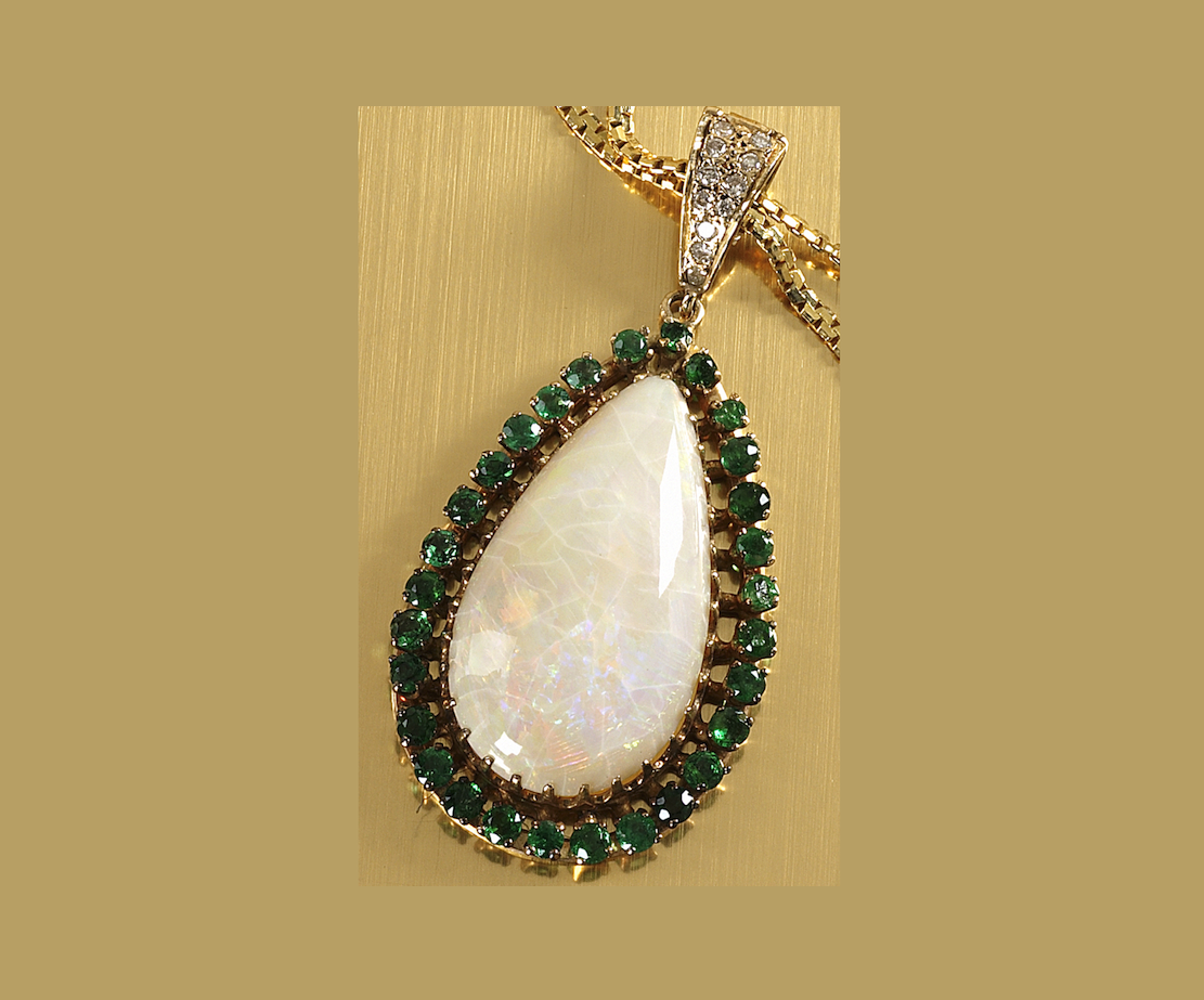 Pear-cut Opal Pendant with Emerald and Diamond Accents, 18k yellow gold