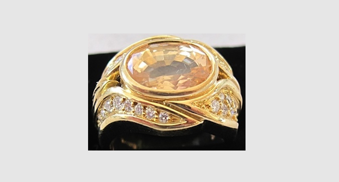 Oval Mixed Cut Golden Padparadscha Ring with Diamonds, 18k yellow gold