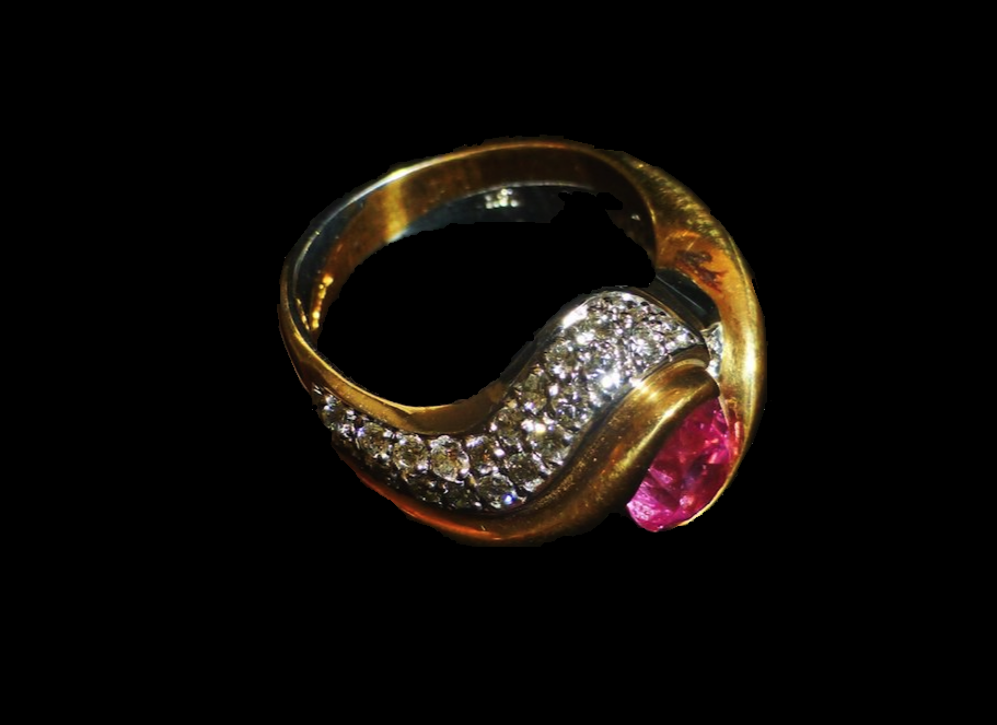 Oval Mixed-Cut Burma Pink Sapphire and Diamond Ring, 18k yellow gold