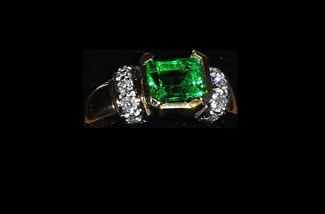 Emerald Cut Columbian Emerald Ring with Diamonds, 18k yellow gold